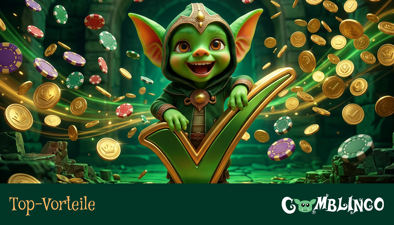 Gomblingo Top Vorteile: Das freundliche grüne Goblin-Maskottchen in Rüstung, umgeben von fliegenden Goldmünzen.