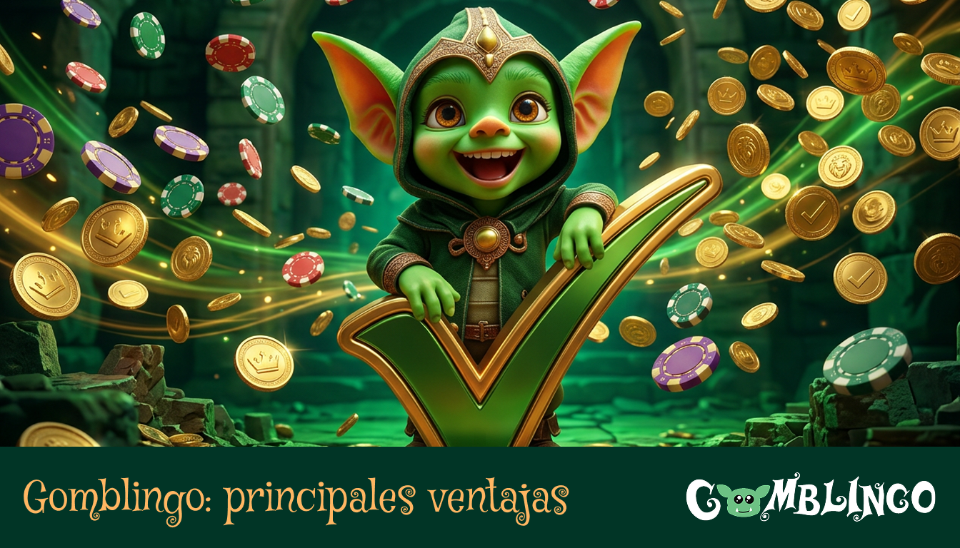 Ventajas principales de Gomblingo: La simpática mascota duende verde con armadura, rodeada de monedas de oro voladoras.
