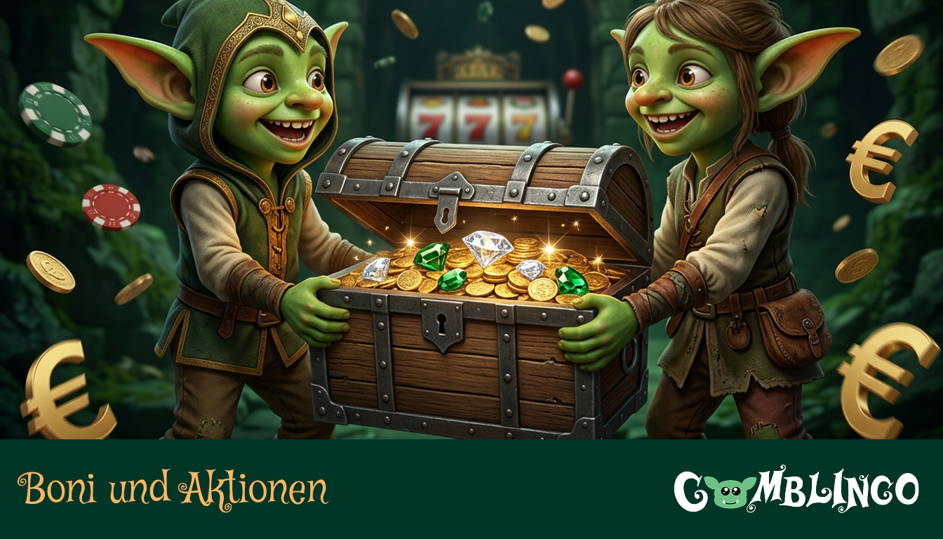 Gomblingo Boni und Aktionen: Ein fröhlicher Goblin im Online-Casino, umgeben von glänzenden Münzen.
