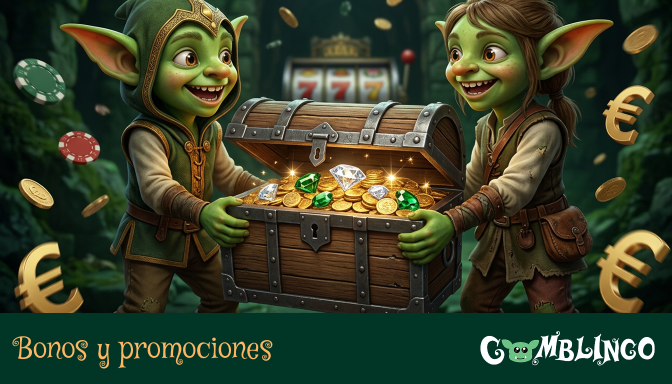 Bonos y promociones de Gomblingo: Un duende alegre en el casino online, rodeado de monedas brillantes.