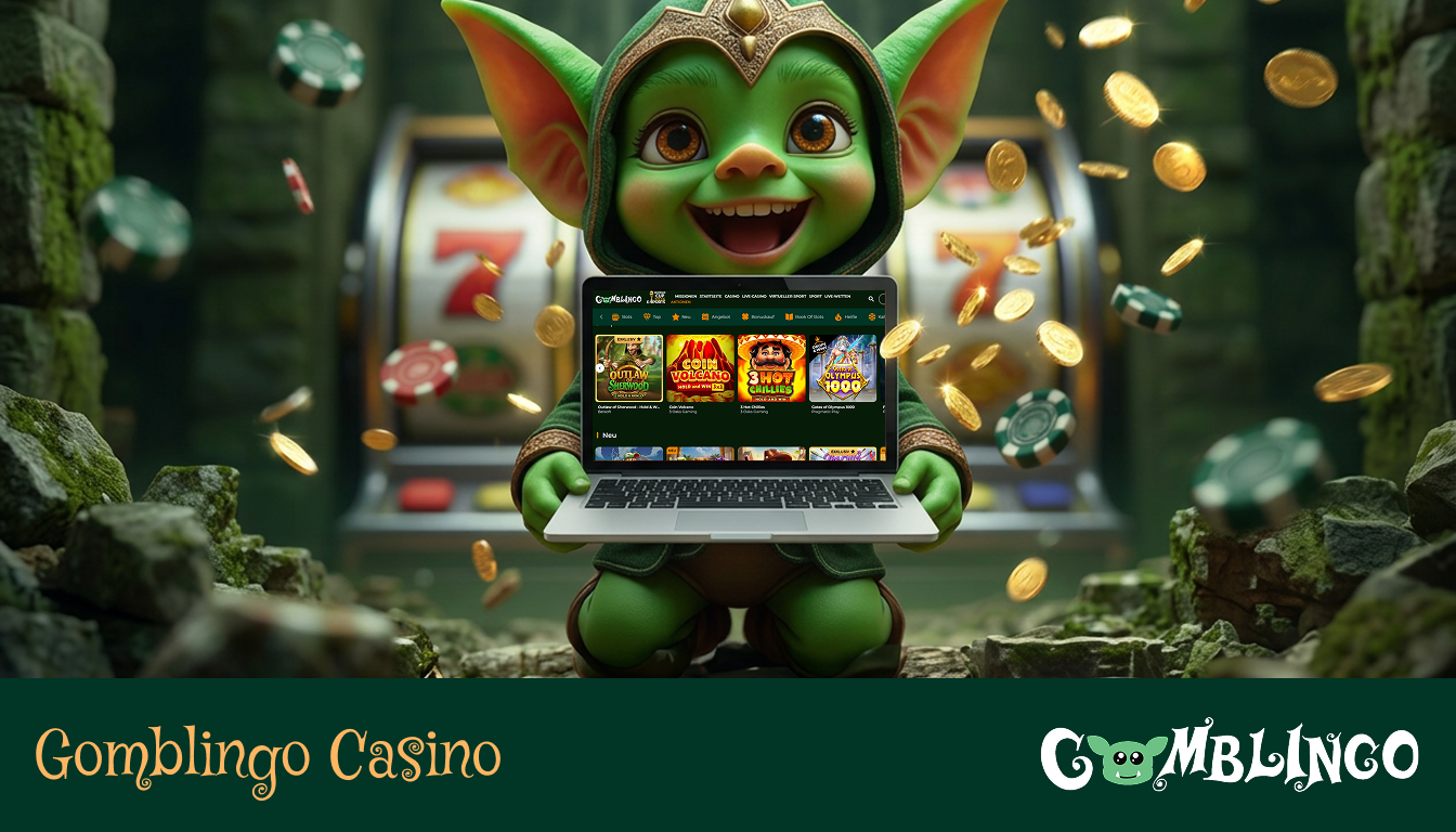 Gomblingo Casino Übersicht: Das grüne Goblin-Maskottchen mit verziertem Helm vor einem stimmungsvollen Casino-Hintergrund.