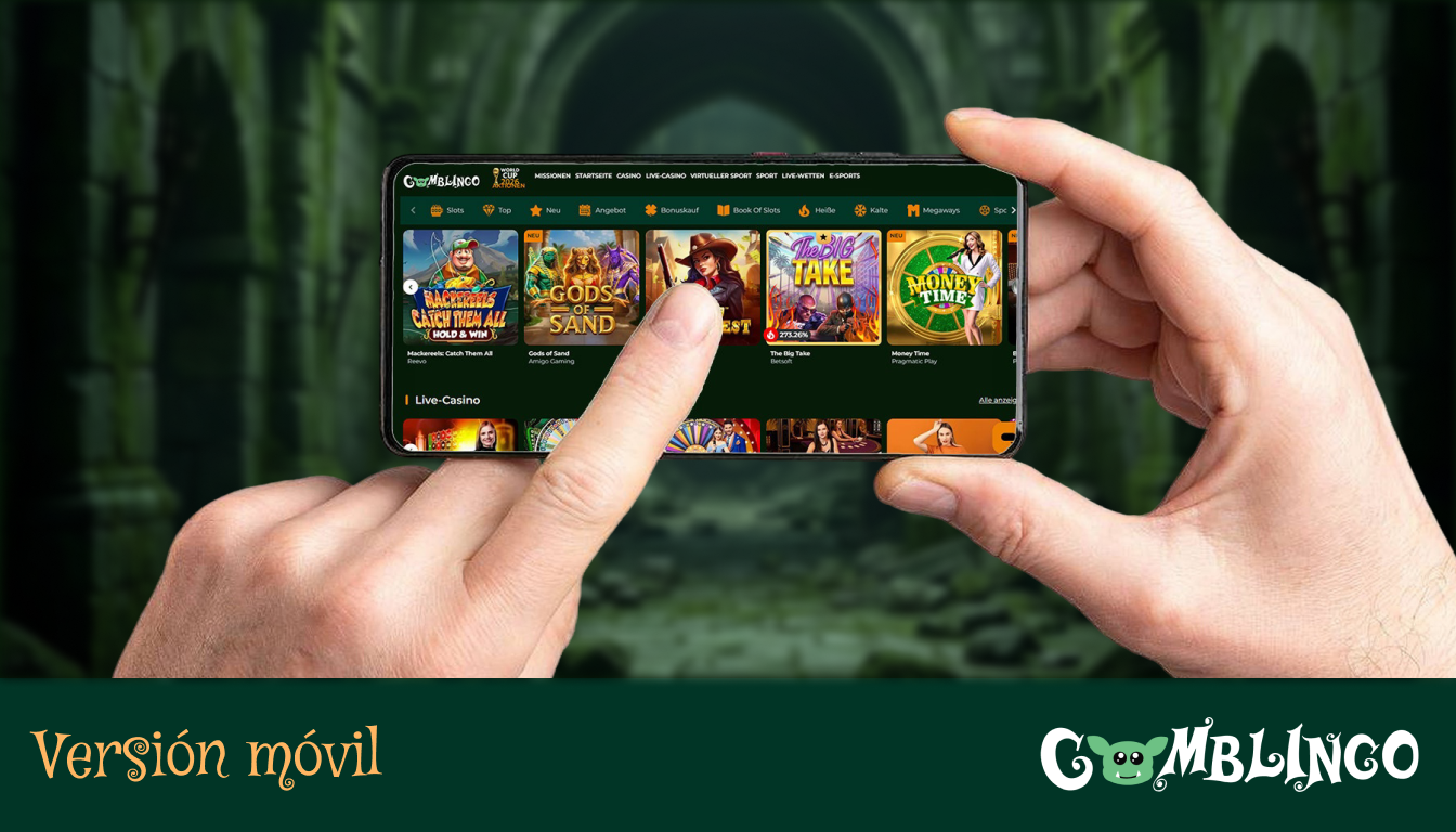 Versión móvil de Gomblingo: Un teléfono inteligente en formato horizontal en la mano, en cuya pantalla se puede ver la mascota del casino móvil, un duende sonriente.