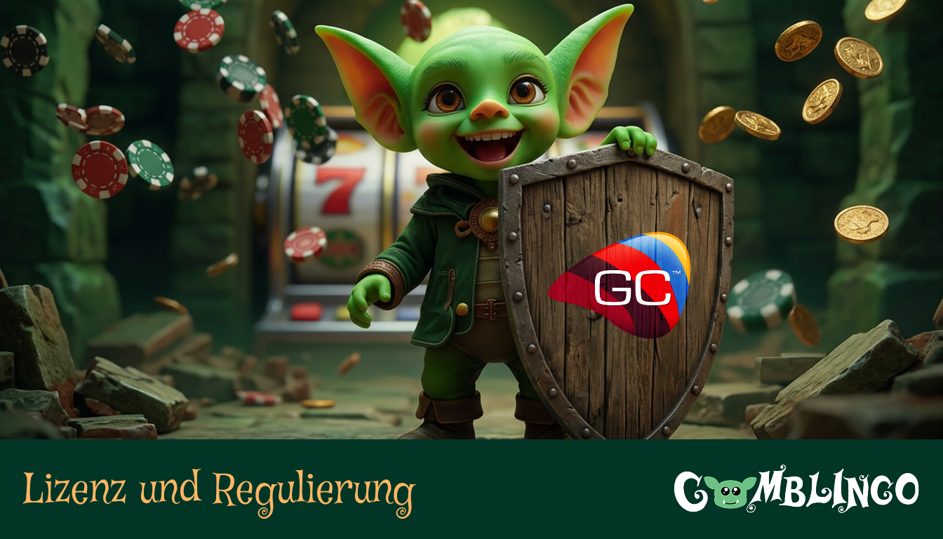 Gomblingo Lizenz und Regulierung: Der lächelnde Casino-Goblin mit Helm und Goldmünzen als Symbol für ein sicheres Spielerlebnis.