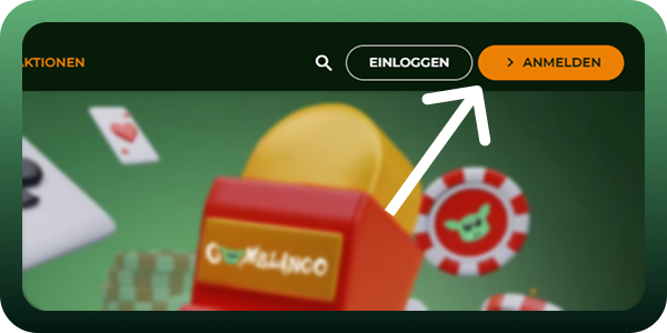Gomblingo Registrierung starten: Ein roter Pfeil zeigt auf den orangefarbenen Anmelden-Button auf der Webseite.
