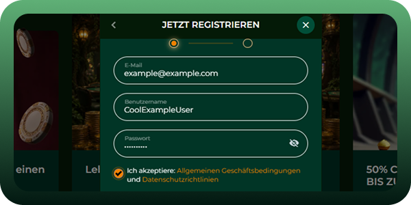 "Gomblingo Anmeldung: Das ausgefüllte erste Formular inklusive der Bestätigung von AGB, Datenschutzrichtlinien und Marketing-Einstellungen.