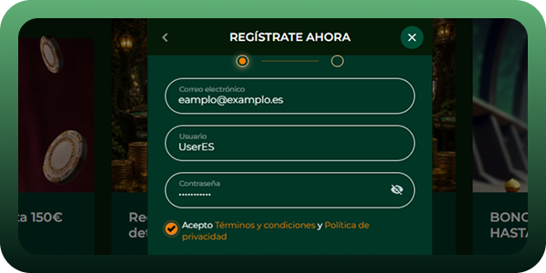 "Registro en Gomblingo: El primer formulario completado, que incluye la confirmación de los términos y condiciones, la política de privacidad y la configuración de marketing."