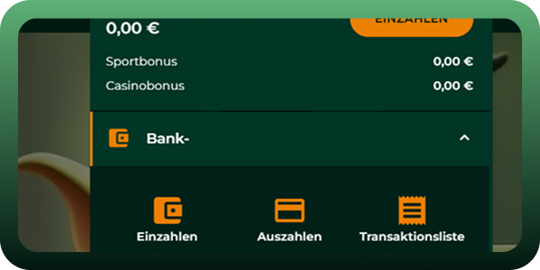Gomblingo Kassenbereich: Ein roter Pfeil markiert das Dropdown-Menü 'Bank-', um zum Einzahlungs- oder Auszahlungsbereich zu gelangen.