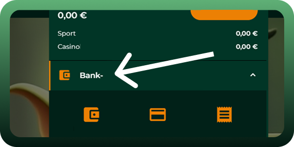 Área de caja de Gomblingo: Una flecha roja señala el menú desplegable "Banco" para acceder al área de depósitos o retiros.